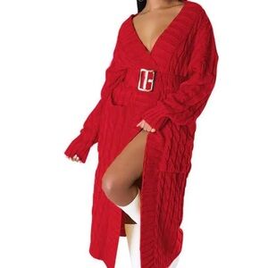 Red Long Coat Knit Cardigan